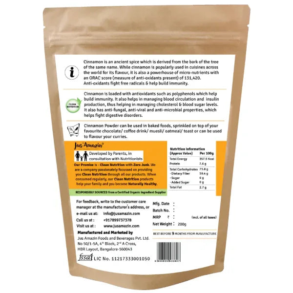 Jus Amazin 100% Organic Cinnamon Powder (75g) | Single Ingredient - Orgoshops