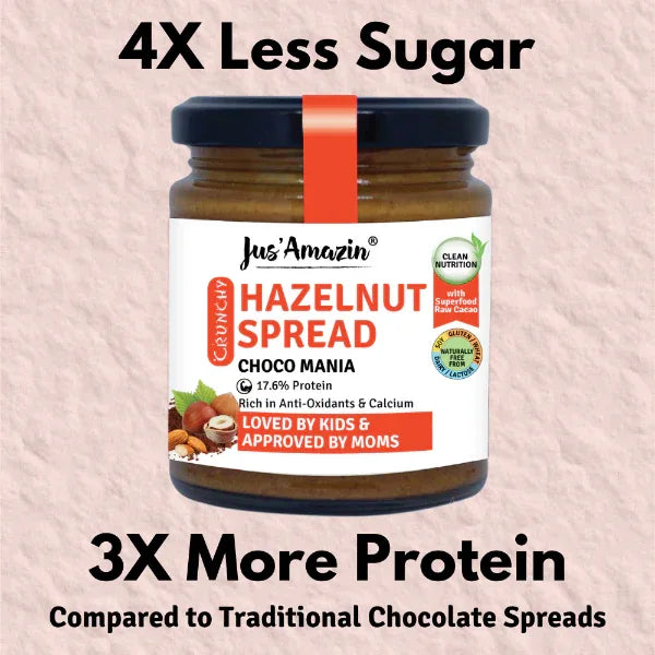 Jus Amazin Chrunchy Hazelnut Spread – Choco Mania (200g) | 17.6% Protein - Orgoshops