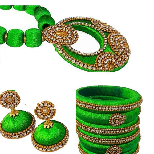 Parrot Green Silk Thread Necklace Set - Orgoshops