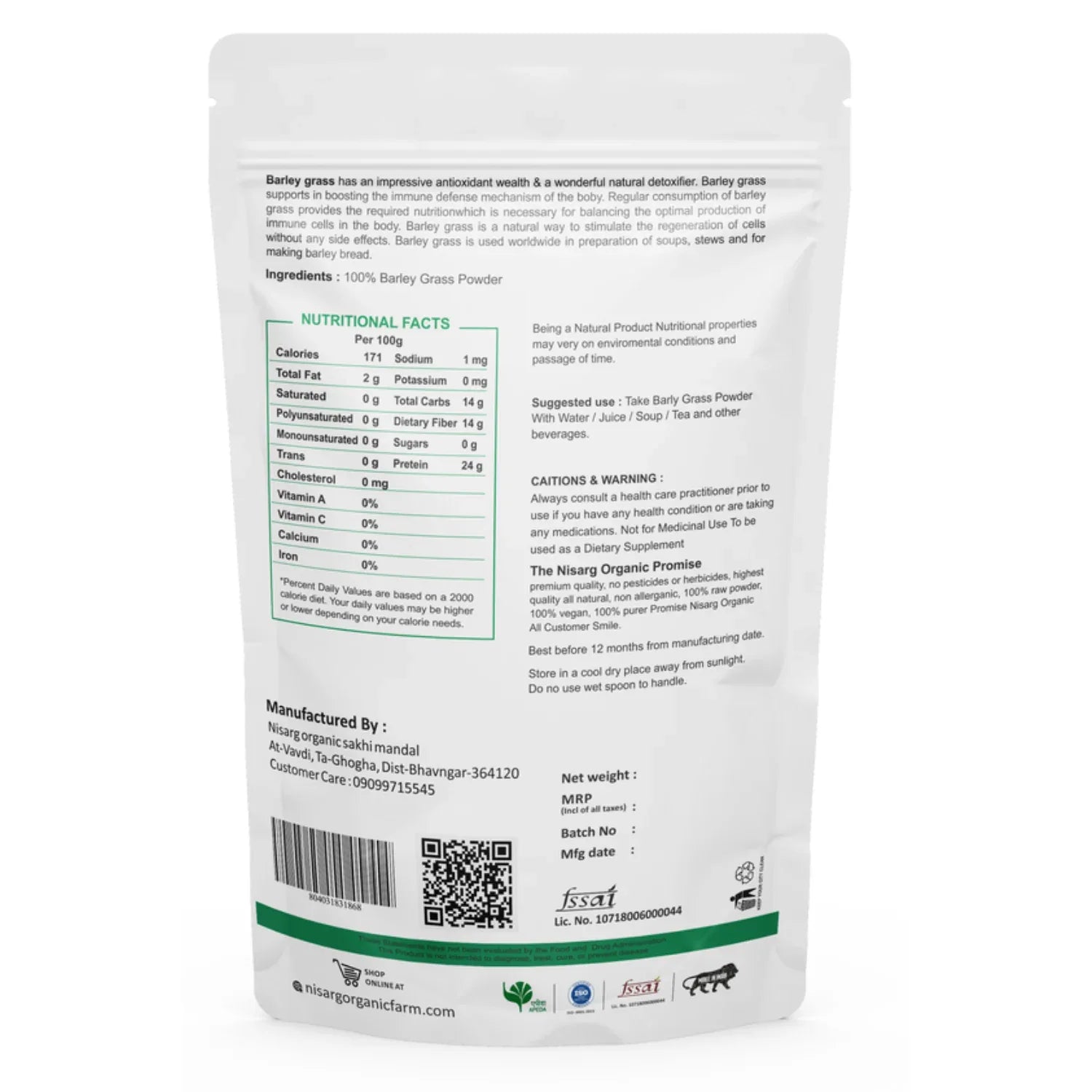 NIsarg Organic Farm Barleygrass Powder - Orgoshops