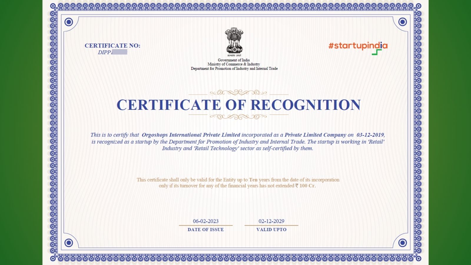 Orgoshops Startup India certificate of recognition
