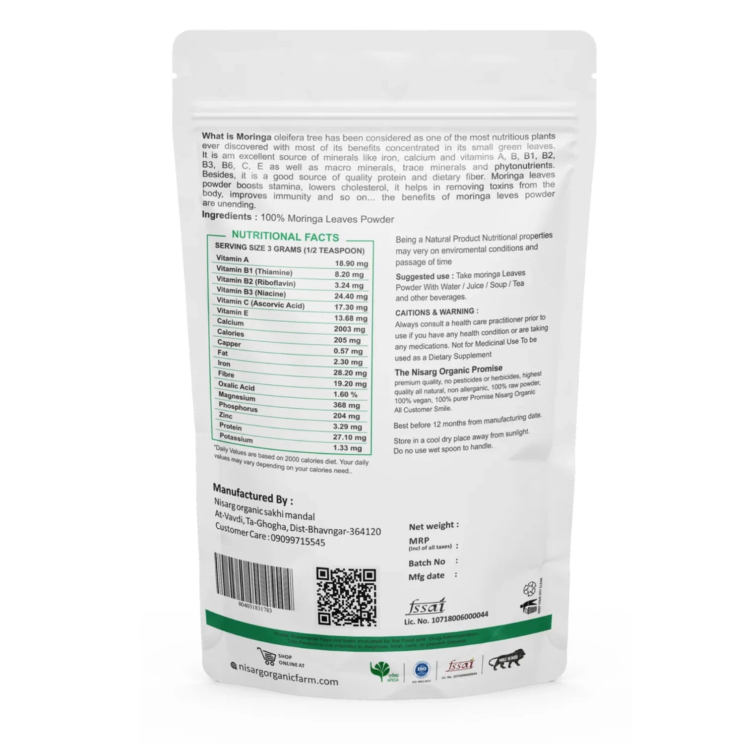 Nisarg Organic Farm Moringa Leaf Powder - Orgoshops