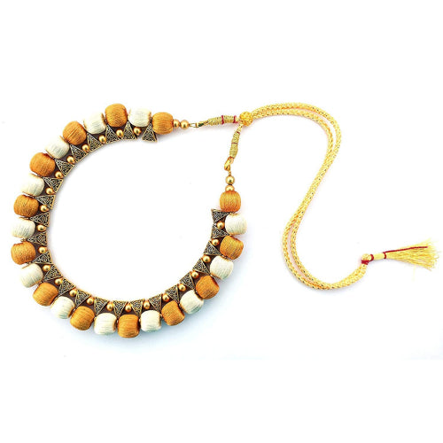 Silk Thread Fashion Necklace For Girls and Womens ( White with Gold )