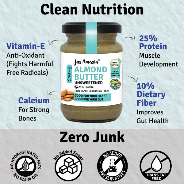 Jus Amazin Creamy Almond Butter - Unsweetened (125g) | 25% Protein | Nutrition