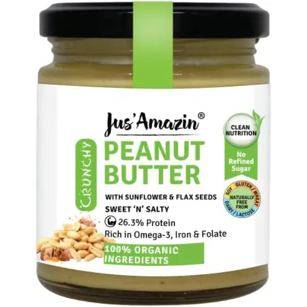 Jus Amazin Crunchy Organic Peanut Butter – With Flax and Sunflower Seeds (200g)