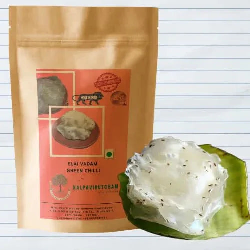 Kalpavirutcham Elai Vadam Green Chilli | Handmade Rice Appalam - 100g Green Chilli Flavor - Orgoshops