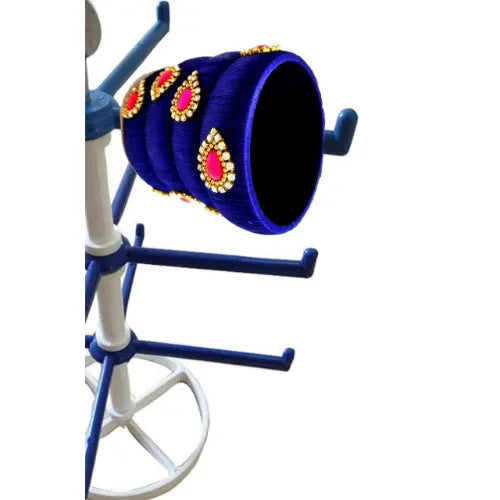 Silk Thread Rhinestone Bangles with Pink Kundans Bracelet Bangles Set of 4pcs (Blue, 2.6) - Orgoshops
