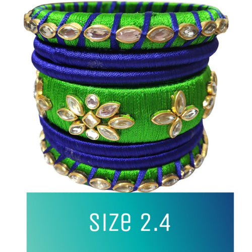 Silk Thread Elegant Handmade Kundan Bangles - 2.4 (Green, Blue)