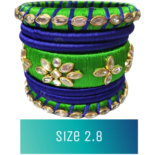 Silk Thread Elegant Handmade Kundan Bangles - 2.8 (Green, Blue)