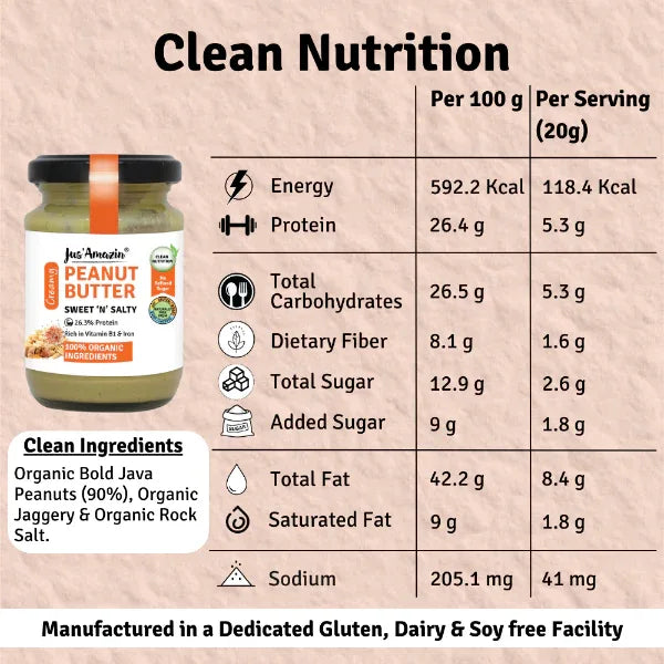 Jus Amazin Creamy Organic Peanut Butter – Sweet ‘N’ Salty (200g) | 26.4% Protein - Orgoshops