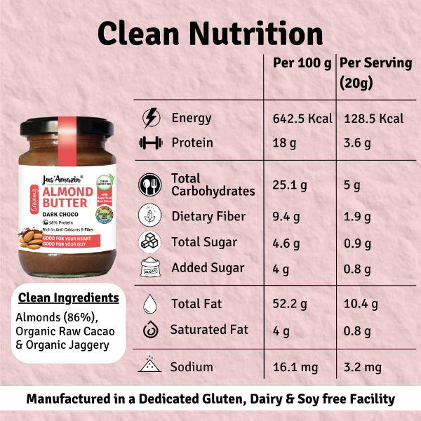 ஜஸ் அமேசின் கிரீம் பாதாம் பட்டர் - டார்க் சாக்லேட் (125 கிராம்) | 18% புரதம் 