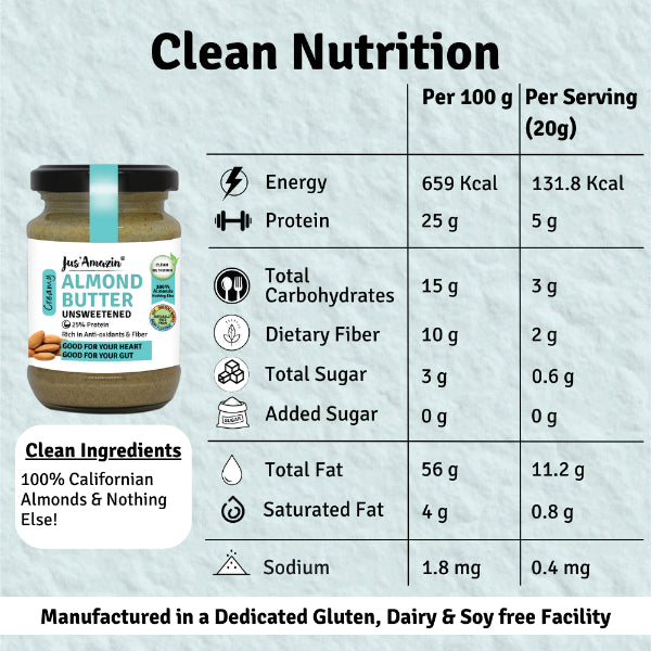 Jus Amazin Creamy Almond Butter - Unsweetened (125g) | 25% Protein | Nutrition