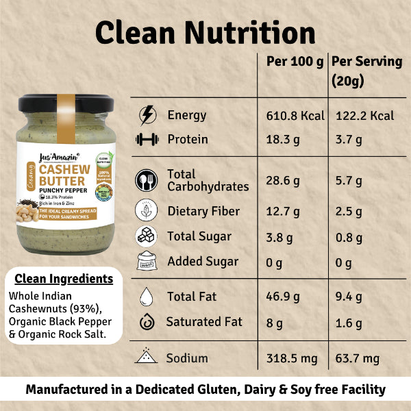 Jus Amazin 100% Natural Creamy Cashew Butter – Punchy Pepper (125g)