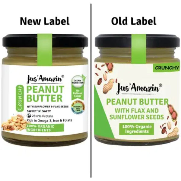 Jus Amazin Crunchy Organic Peanut Butter – With Flax and Sunflower Seeds (200g)