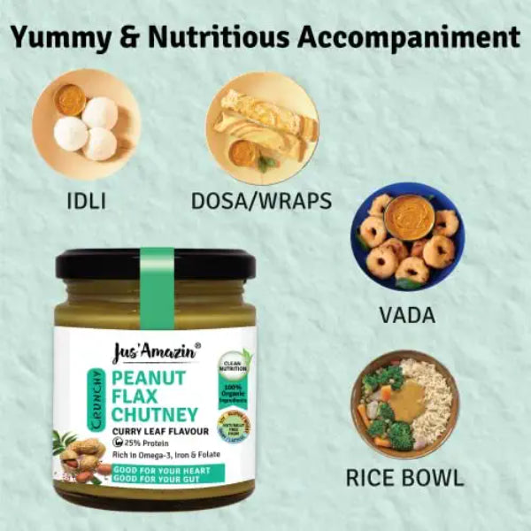 Jus Amazin Crunchy Organic Peanut Flax Chutney – Curry Leaf Flavour (200g)