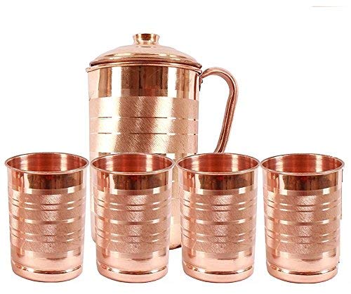 Veena Product Copper Jug & 4 Tumler - 1000ml ( Jug ) 300ml ( Tumler )