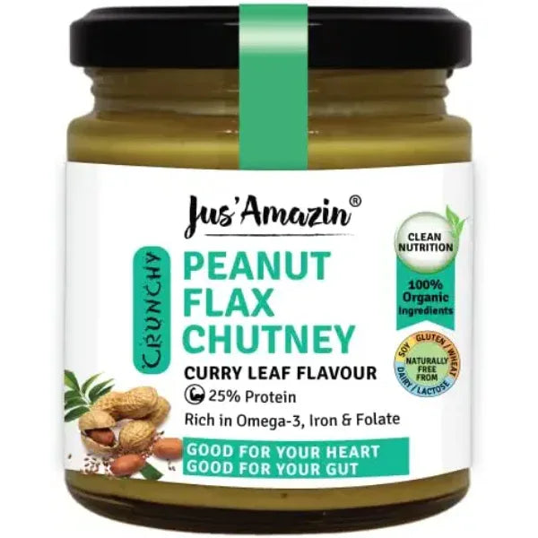 Jus Amazin Crunchy Organic Peanut Flax Chutney – Curry Leaf Flavour (200g) - Orgoshops