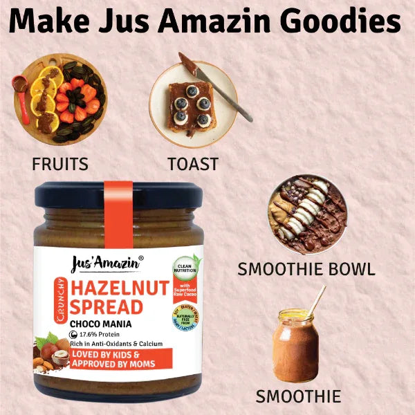 Jus Amazin Chrunchy Hazelnut Spread – Choco Mania (200g) | 17.6% Protein - Orgoshops