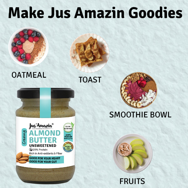 Jus Amazin Creamy Almond Butter - Unsweetened (125g) | 25% Protein | Nutrition