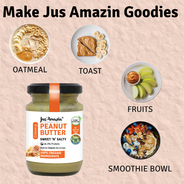 Jus Amazin Creamy Organic Peanut Butter – Sweet ‘N’ Salty (200g) | 26.4% Protein