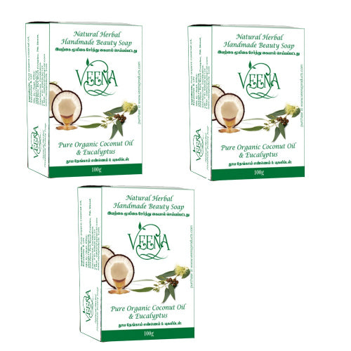 Veena Products Pure Organic Coconut oil & Eucalyptus Soap - 100g ( pack of 3 )