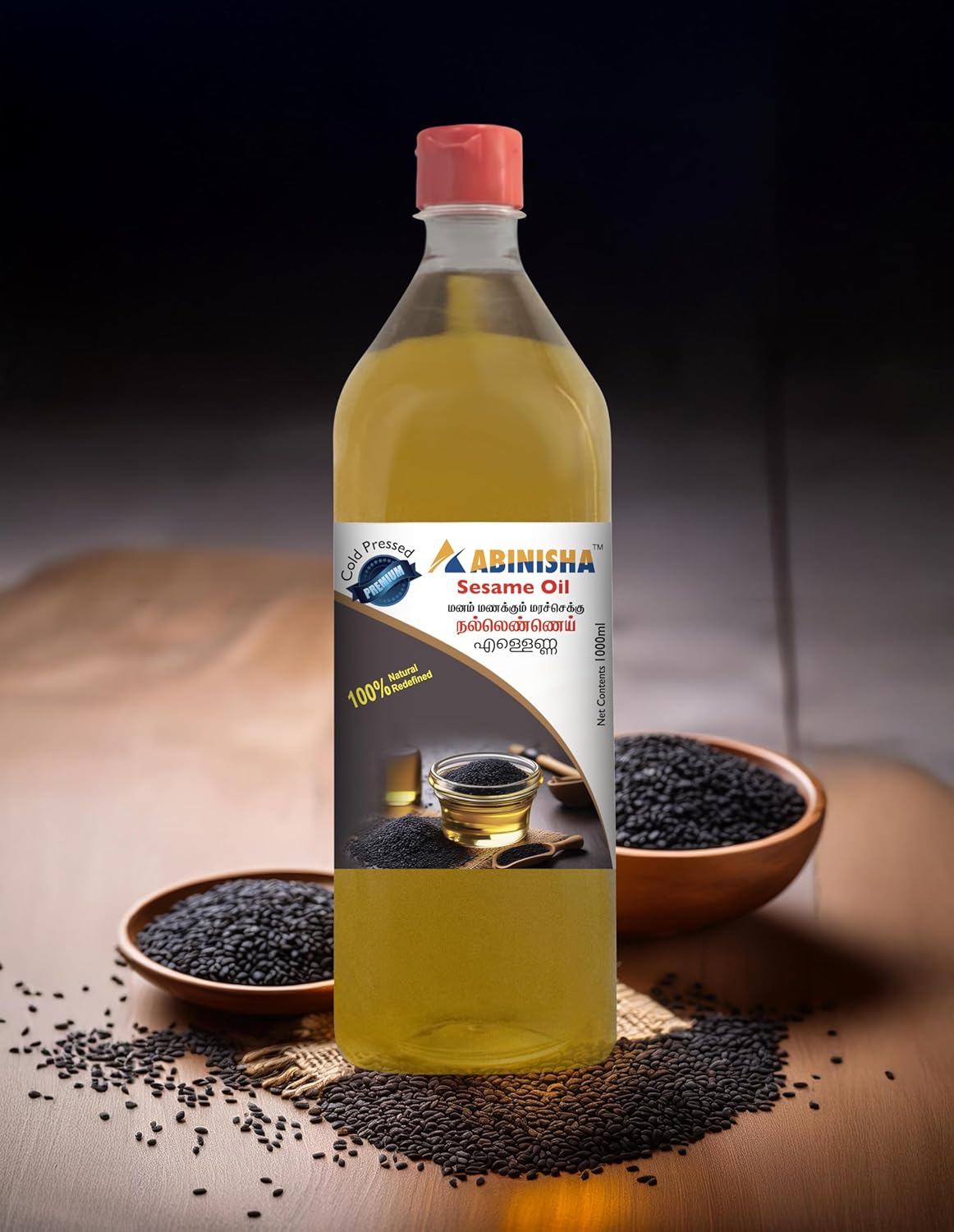 ABINISHA : Cold Pressed Sesame Oil / Wooden Chekku Oil - 1 L | Plastic Bottle Kolhu / Kacchi Ghani / Chekku / Cold Pressed Sesame Oil For Cooking