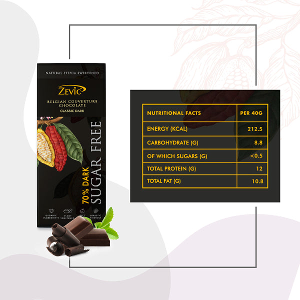 Zevic 70% Dark Belgian Chocolate with Stevia 40 gm