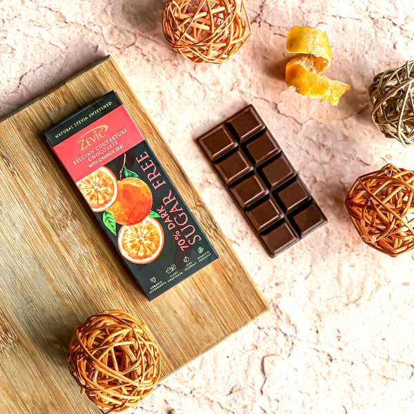 Zevic 70% Dark Belgian Chocolate with Orange Zest and Stevia 40 gm