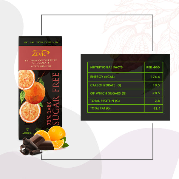 Zevic 70% Dark Belgian Chocolate with Orange Zest and Stevia 40 gm