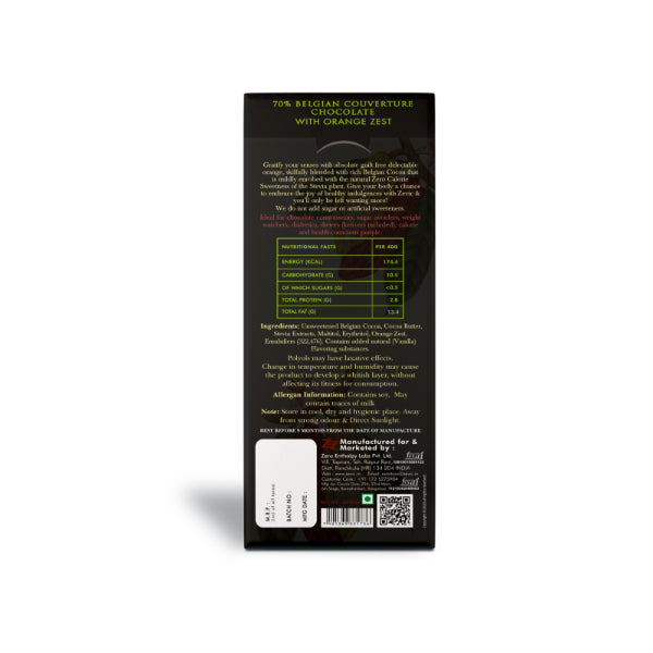 Zevic 70% Dark Belgian Chocolate with Orange Zest and Stevia 40 gm