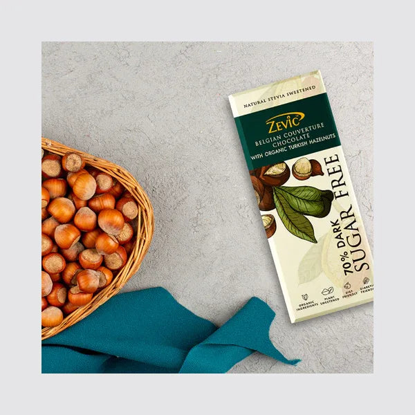 70% Dark Belgian CON with Organic Turkish Hazelnuts 90 gm - Orgoshops