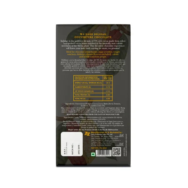Zevic 70% Dark Belgian Chocolate with Stevia 96 gm - Orgoshops