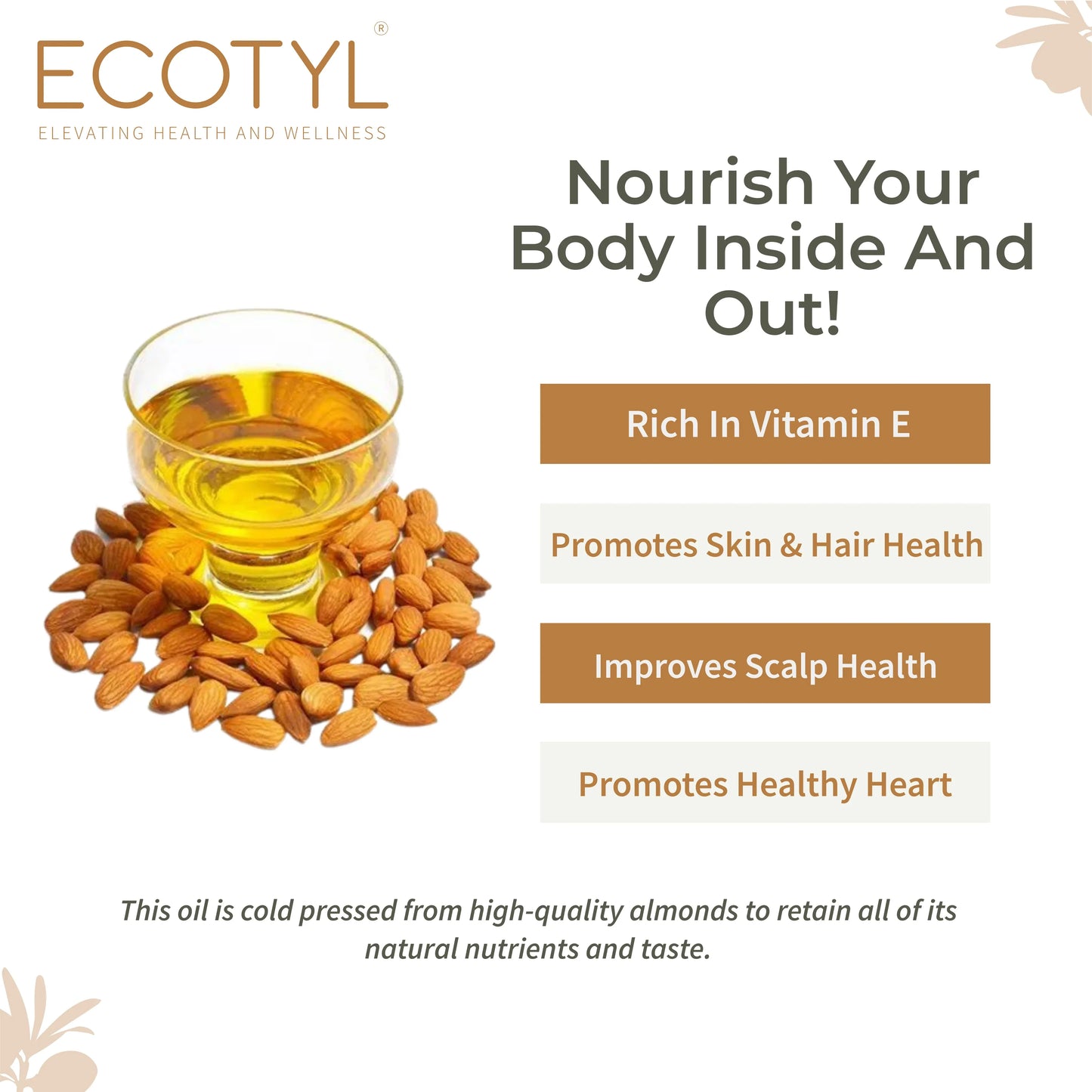 Ecotyl Cold Pressed Almond Oil - Sweet | For Haircare & Skincare - 100ml - Orgoshops