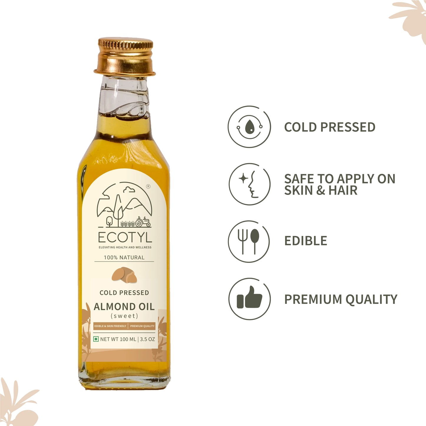 Ecotyl Cold Pressed Almond Oil - Sweet | For Haircare & Skincare - 100ml - Orgoshops