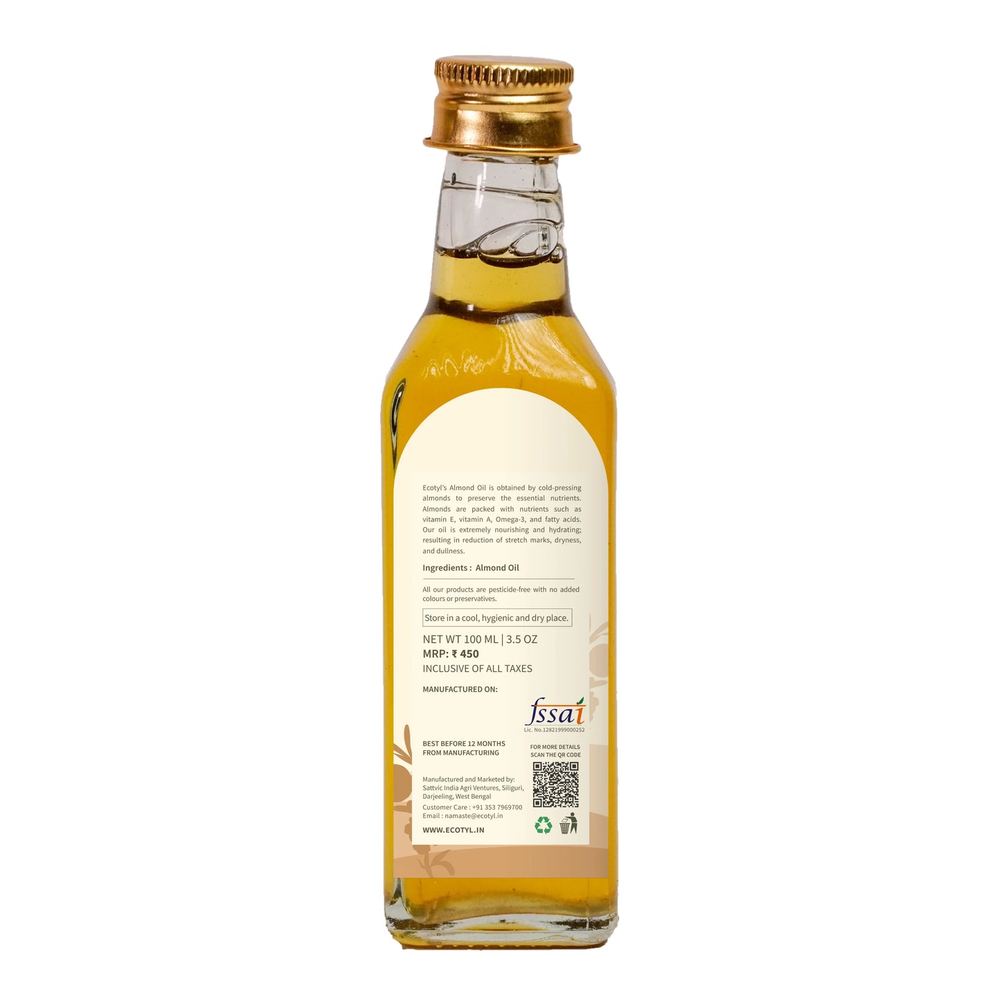 Ecotyl Cold Pressed Almond Oil - Sweet | For Haircare & Skincare - 100ml - Orgoshops