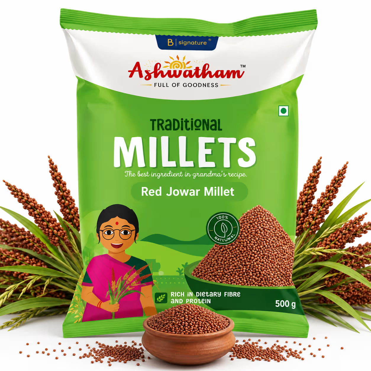 Ashwatham Red Jowar Millet / Cholam / Sivappu Cholam - 500 g (Pack of 2)
