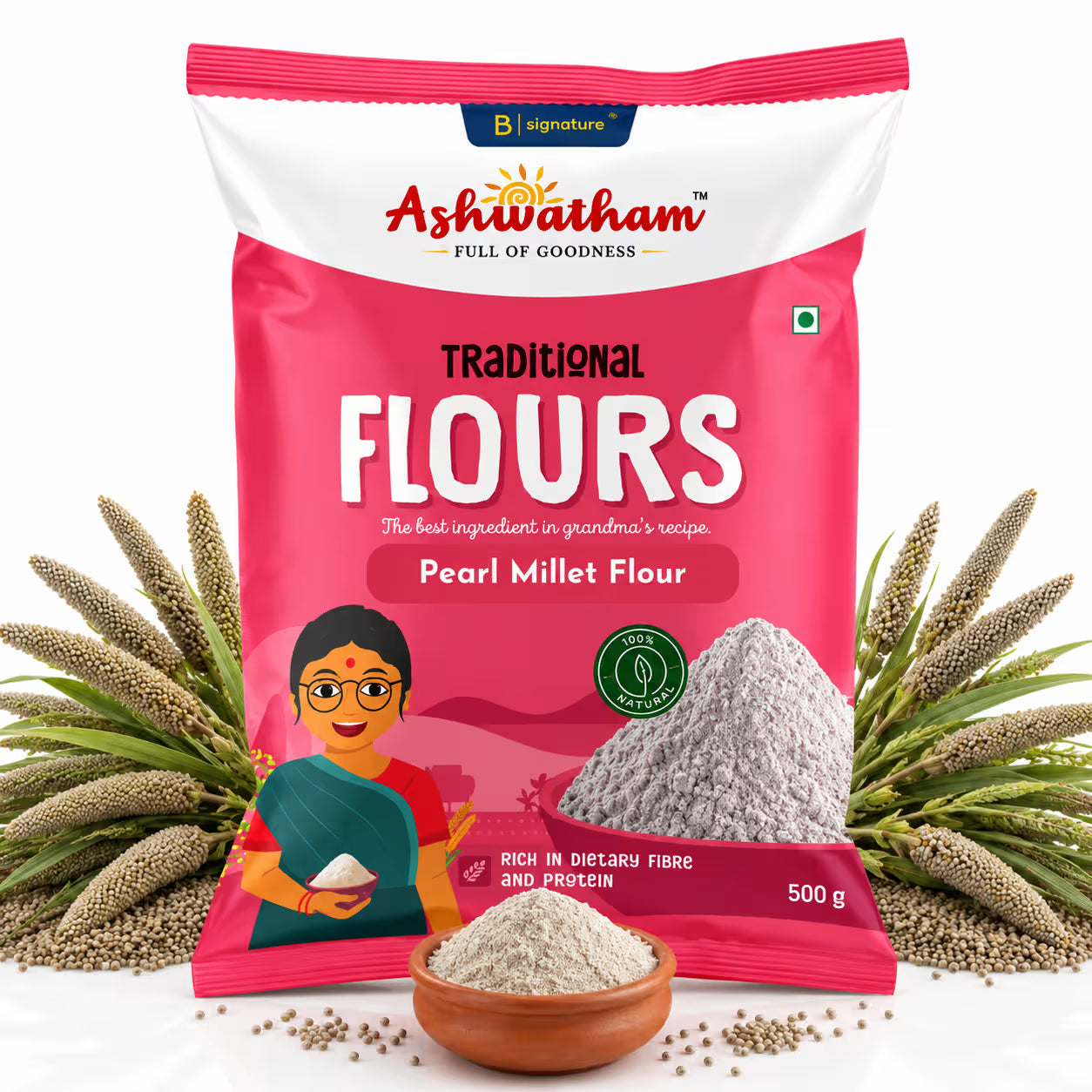 Ashwatham Pearl Millet Flour / Kambu Maavu / Bajra Flour - 500 g (Pack of 2)
