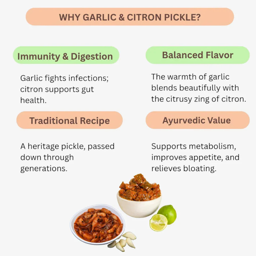 Yamini Foods Garlic Pickle / Citron Pickle / Poondu Orugai / Narthangai Orugai - 500 g - Orgoshops