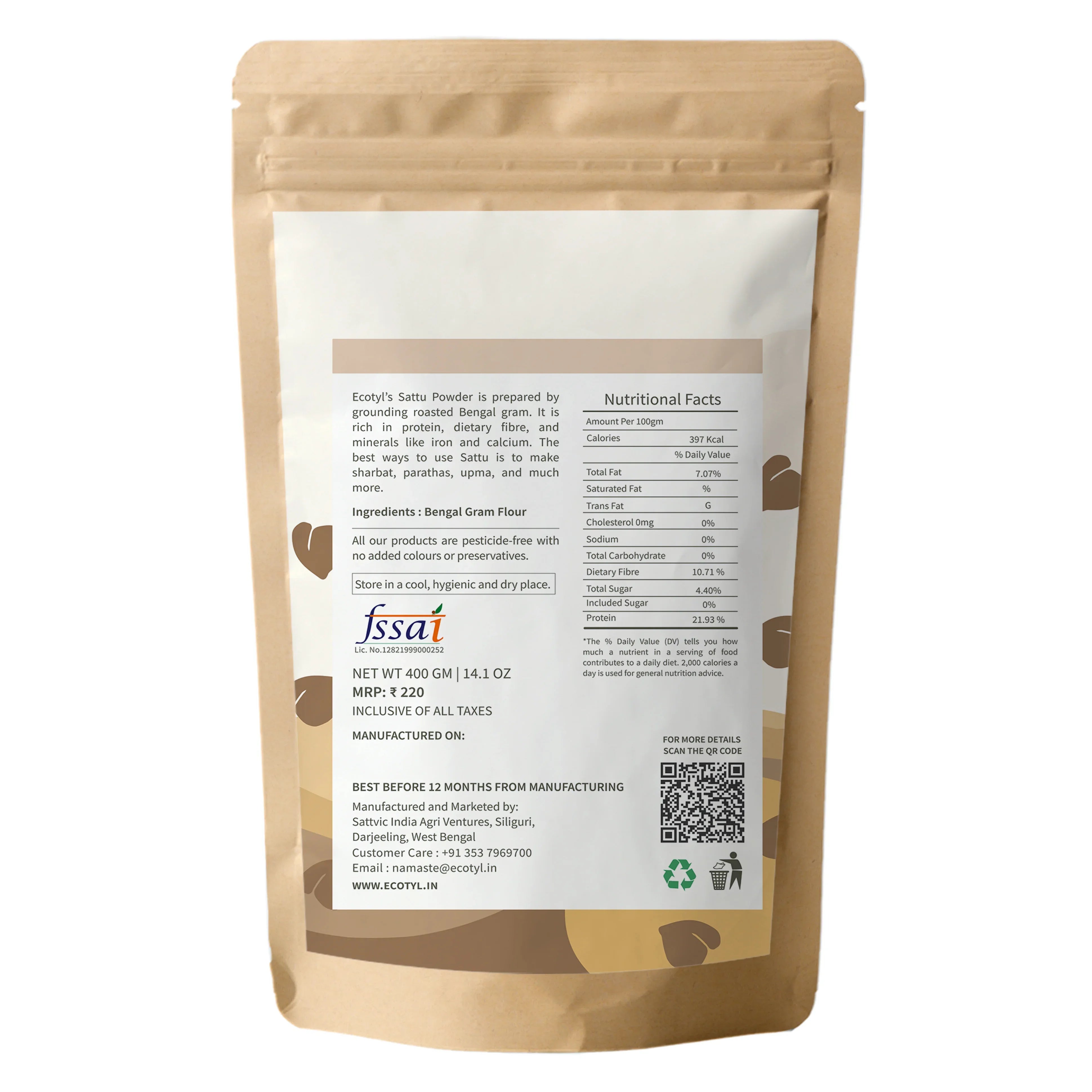 Ecotyl Sattu Atta | Roasted Gram Flour | Plant Based Protein - 400g - Orgoshops