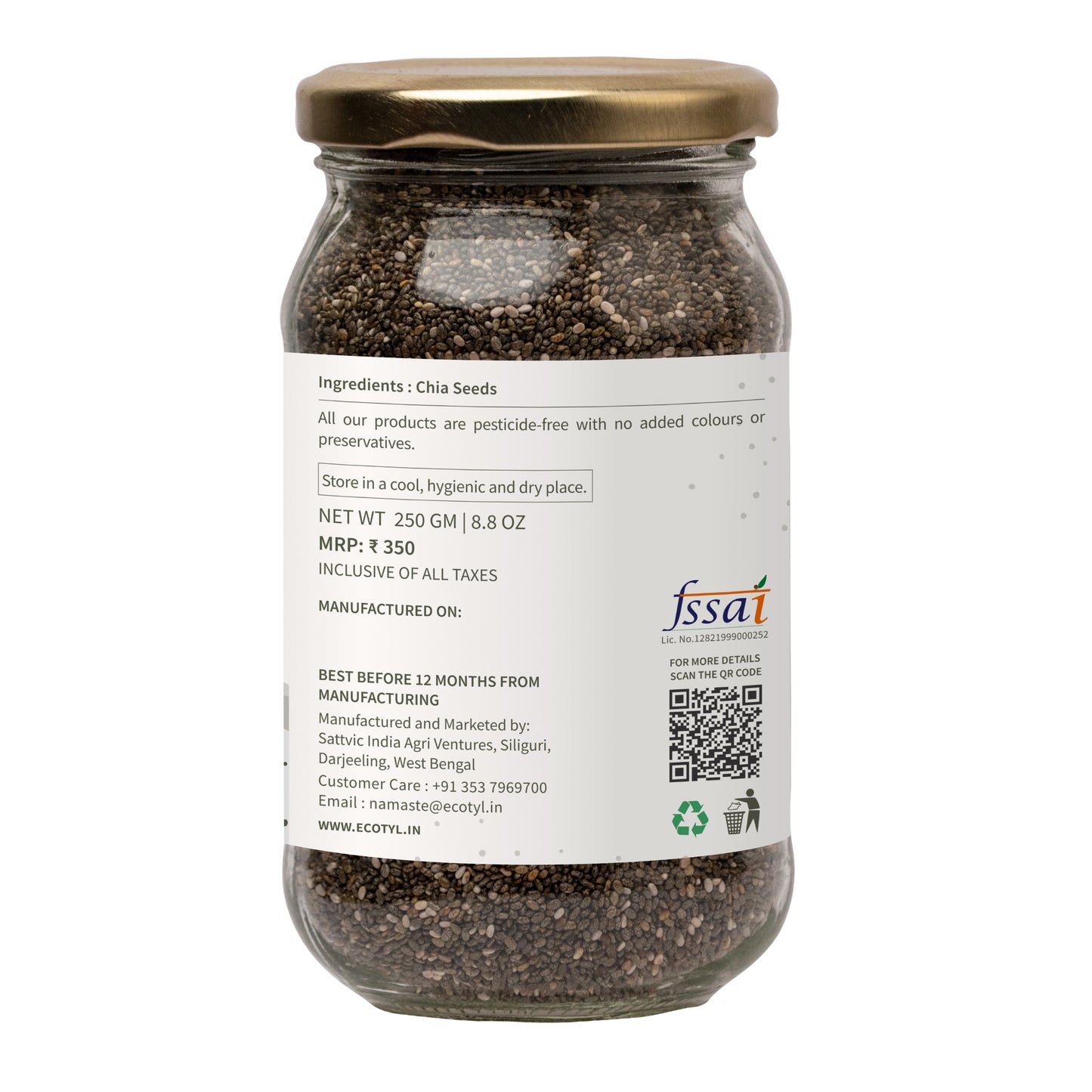 Ecotyl Chia Seeds | Raw | Rich in Antioxidants & Fibre   - 250g