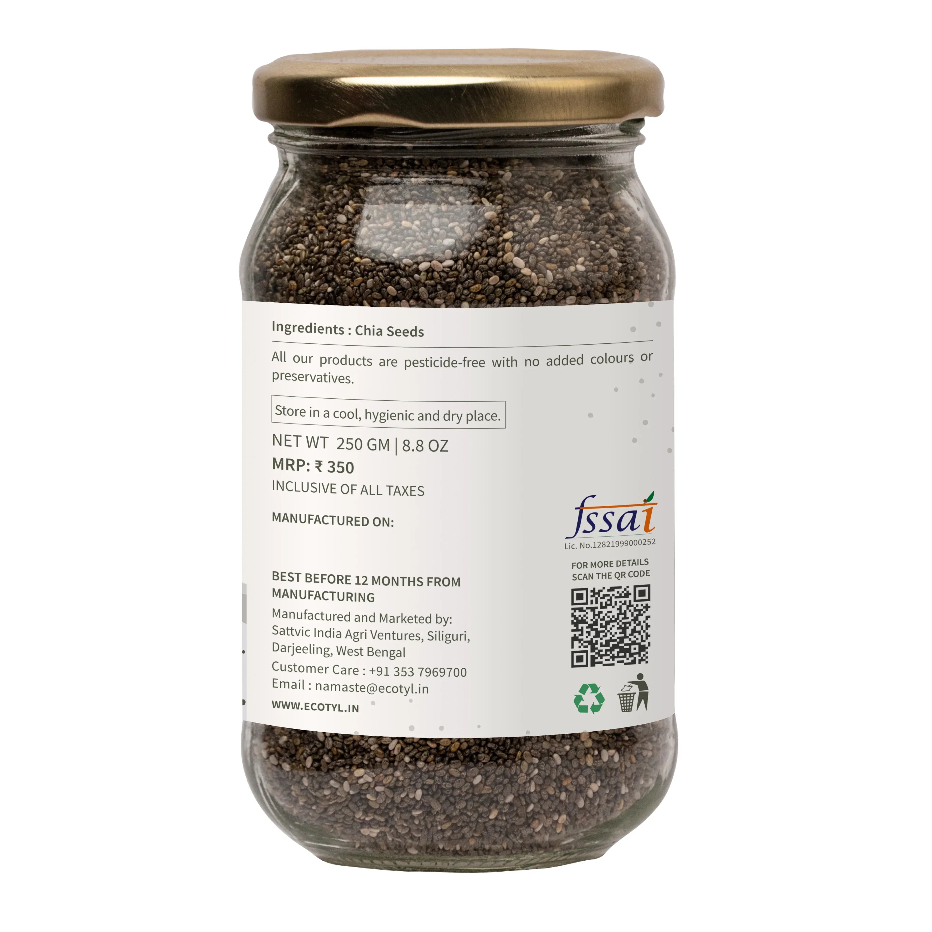 Ecotyl Chia Seeds | Raw | Rich in Antioxidants & Fibre - 250g - Orgoshops