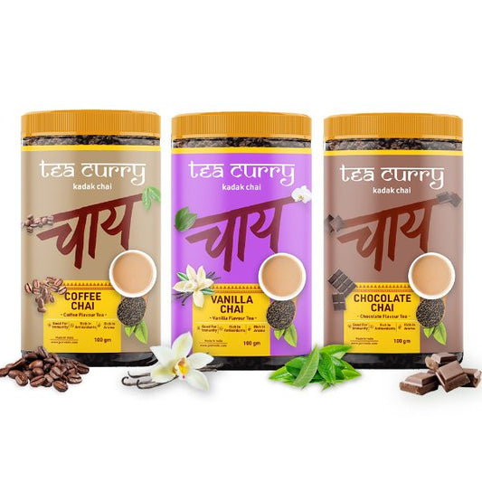 Teacurry Flavored Chai Combo Pack (3x100 Grams) – Coffee, Vanilla, Chocolate