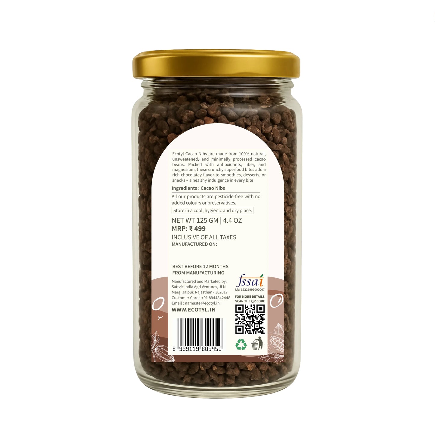 Ecotyl Cacao Nibs | Crunchy & Nutritious | High in Magnesium - 125g - Orgoshops