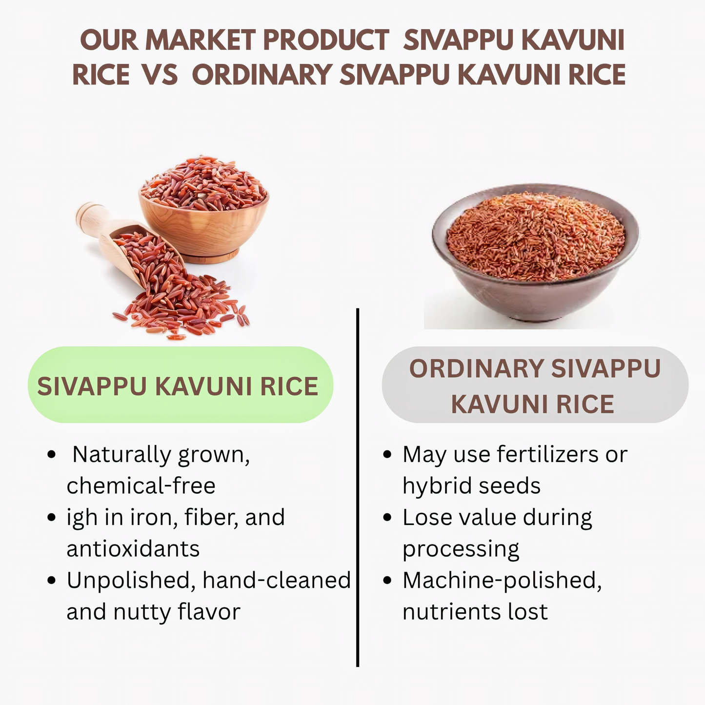 Comparison chart of Sivappu Kavuni rice versus ordinary Sivappu Kavuni rice 