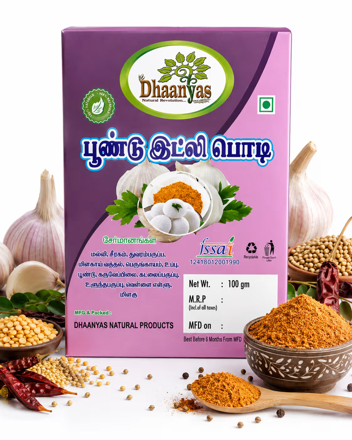 Dhaanayas Garlic Idli Podi - 100 Gms (Pack of 3)