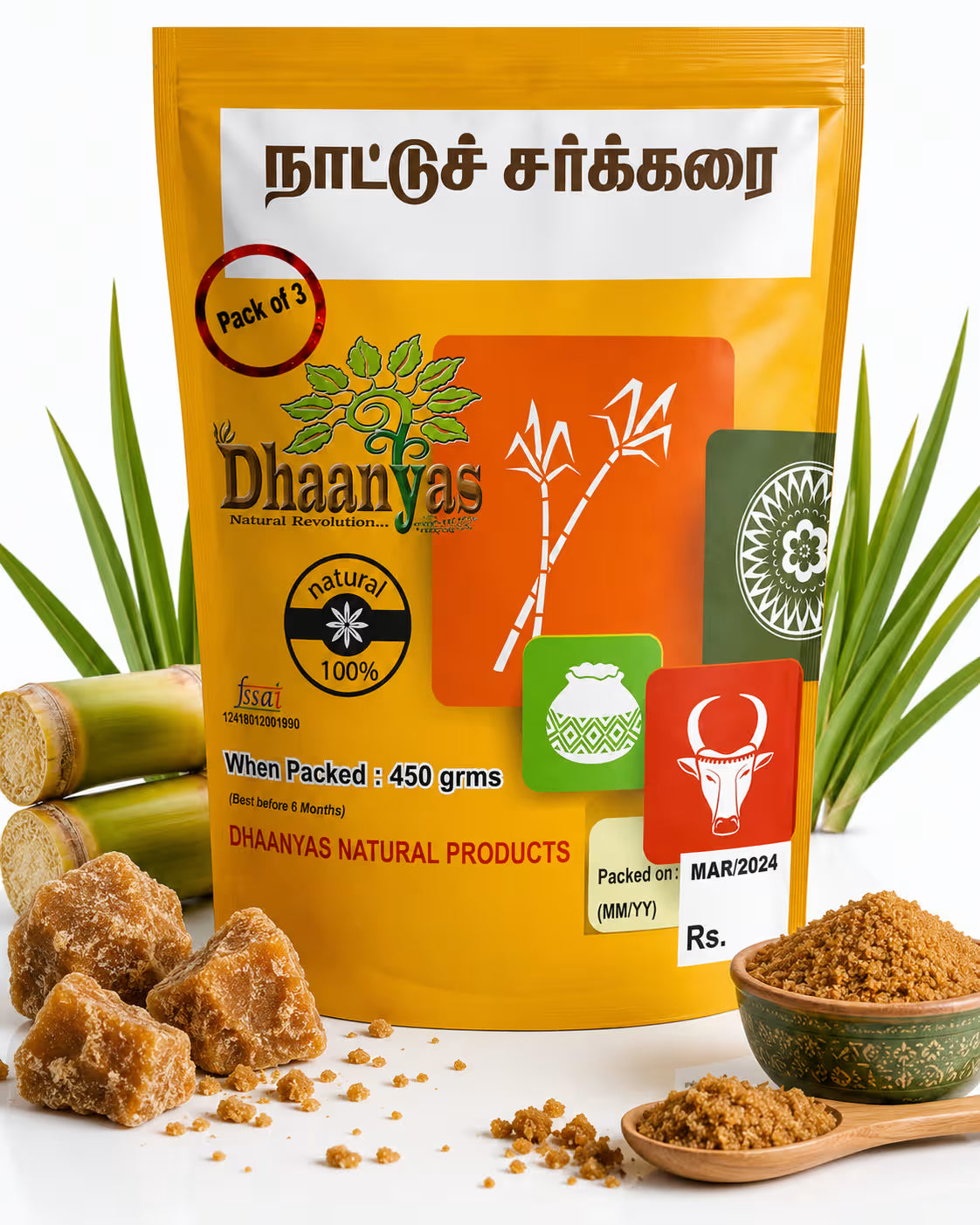 Dhaanyas Naattu Sakkarai - 450 Gms (Pack of 3)