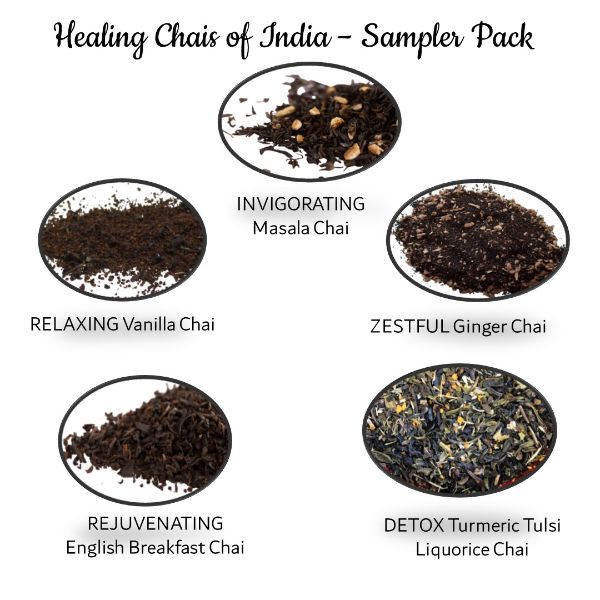 Healing Chai's of India Certified Organic | Assam CTC Chai | Cold & Hot Brew | 5 flavour Pack | Makes 10 Cups