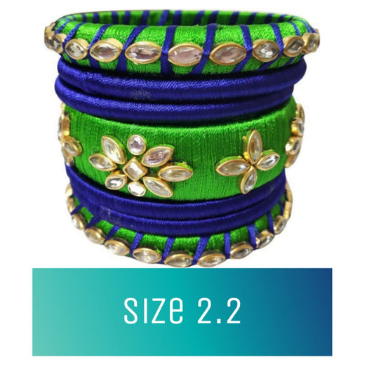 Silk Thread Elegant Handmade Kundan Bangles - 2.2 (Green, Blue)