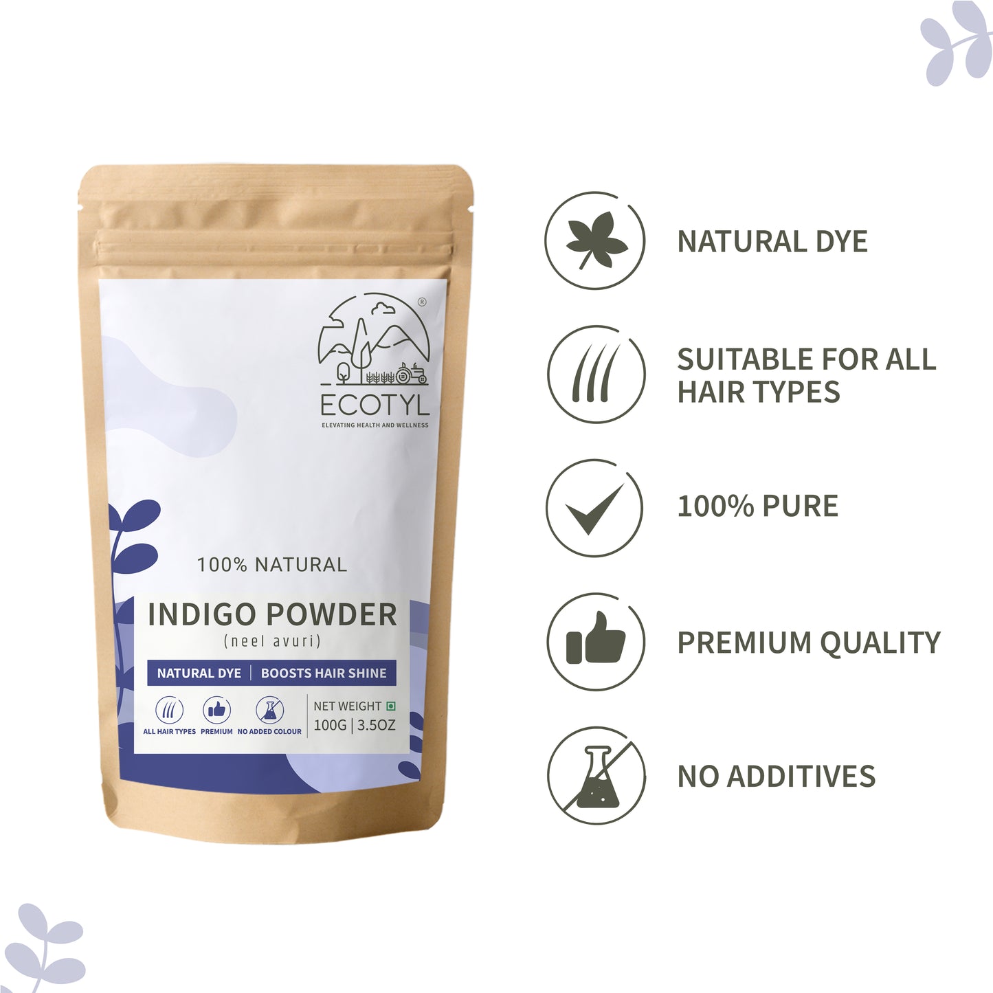 Ecotyl Indigo Powder | Neel Avuri | Natural Hair Dye | Hair Conditioning  - 100g