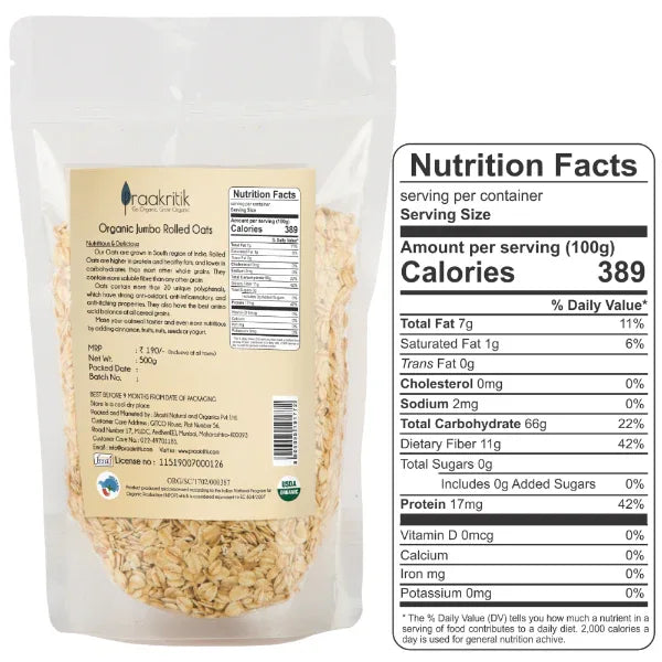 Prakritik Organic Jumbo Rolled Oats-500g - Orgoshops